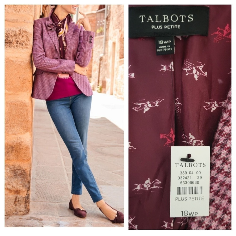 Talbots Shetland Wool Blazer Wine Pink Houndstooth 18 WP New- Racing Horse Print